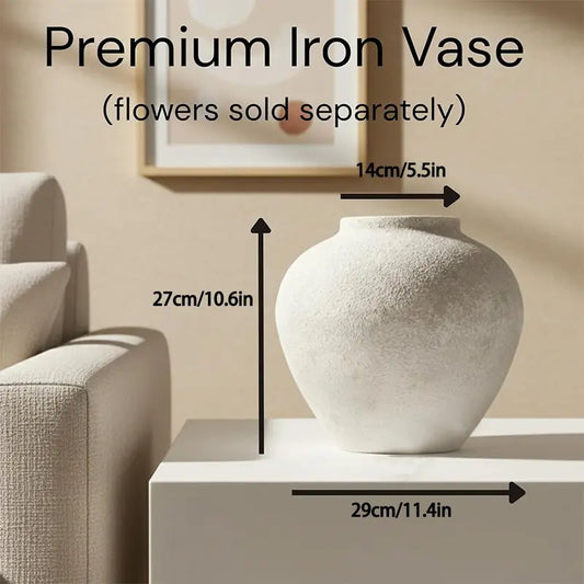 11 Inch Wide Textured Stone Look Metal Decorative Vase Large White Rustic Farmhouse Garden Vase for Table Centerpiece Home Decor