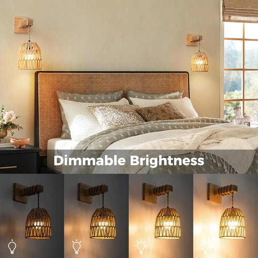 Set of 2 Bamboo Rattan Woven Lantern Wall Sconces - Battery-Operated Rechargeable Wooden Swing Arm Lamps with Adjustable Brightness, Dimmable Lighting for Aesthetic Home Decor, Bedroom Living Room, Bamboo Wall Sconce