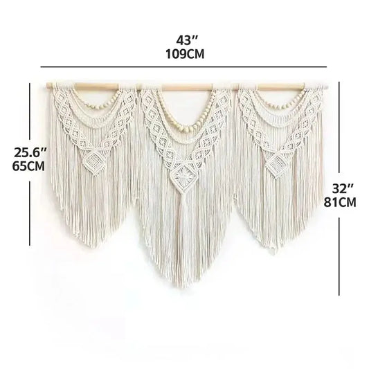 Handmade Woven Macrame Wall Hanging with Wooden Stick, Large Boho Tassel Curtain, Wedding Backdrop Decor