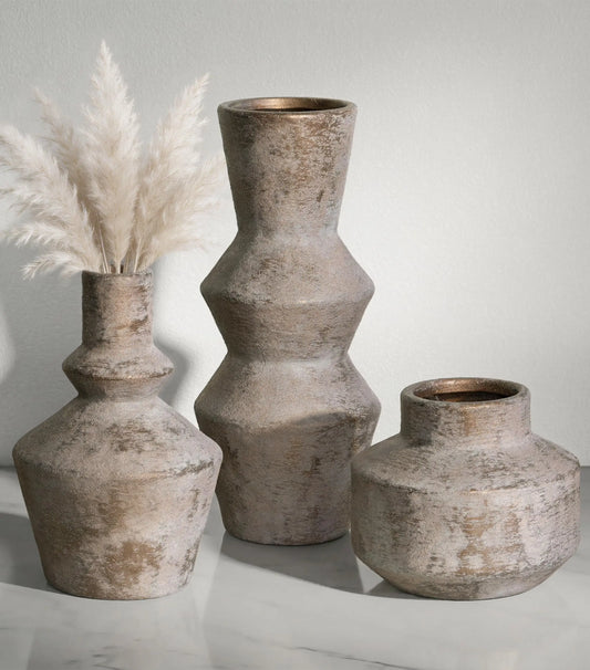 3-Piece Ivydale Ceramic Vase Set, Antique Traditional Modern Rustic Waterproof Table Vases for Pampas Grass, Dried & Fresh Flowers, Farmhouse Home Decor for Living Room Centerpiece, Ideal Gift