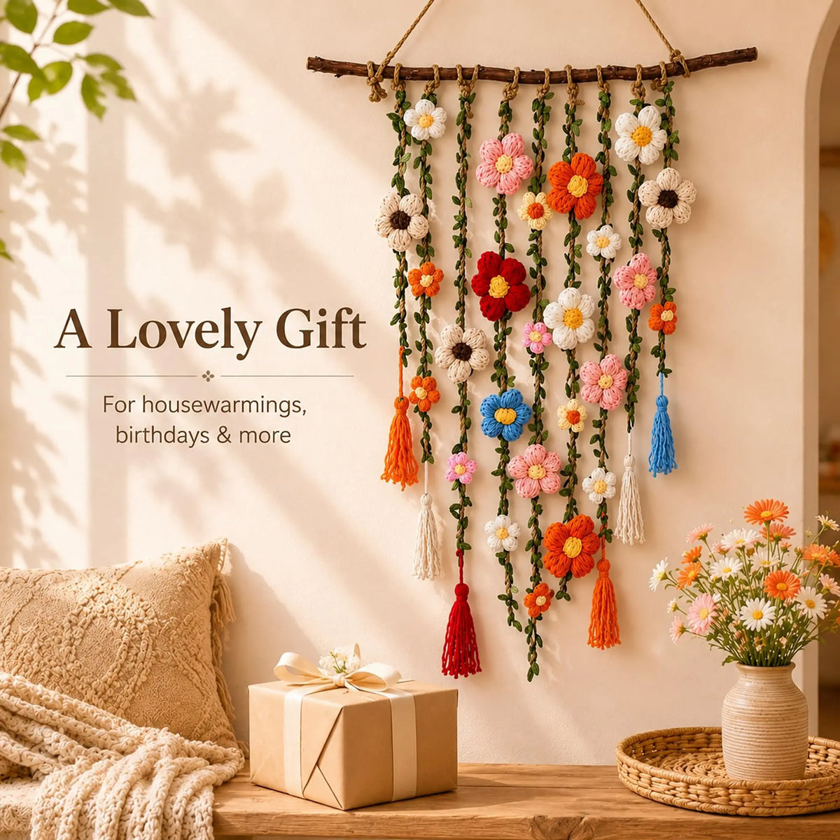 Boho Crochet Flower Wall Decor (1PC) | Aesthetic Floral Hanging Art for Bedroom, Living Room, Dorm and Apartment