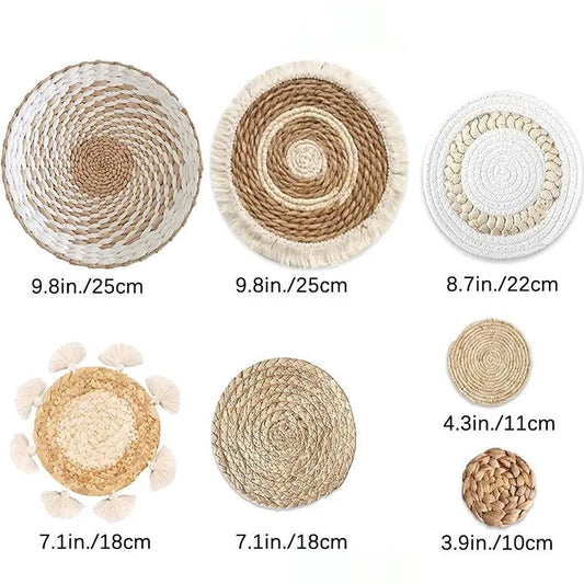 7-Pack Hanging Woven Seagrass Rattan Wicker Wall Baskets, Eco-Friendly Round Boho Home Wall Decor, Interior Decoration for Farmhouse Bedroom Kitchen, Ideal Gift for Room Decor