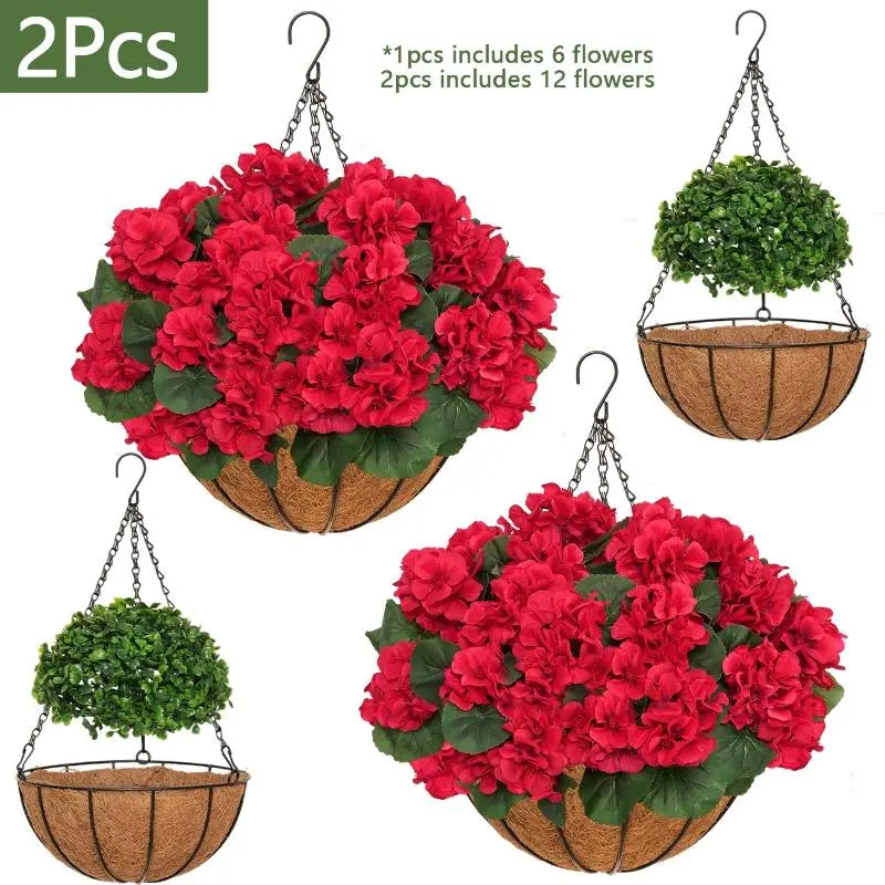 2pcs Artificial Geraniums with Hanging Baskets, 12 Bundles UV Resistant Artificial Outdoor Plants, Fake Red Flowers for Spring Front Porch Home Patio Balcony Yard Decor summerwins Silk Material Everlasting Charm Lifelike