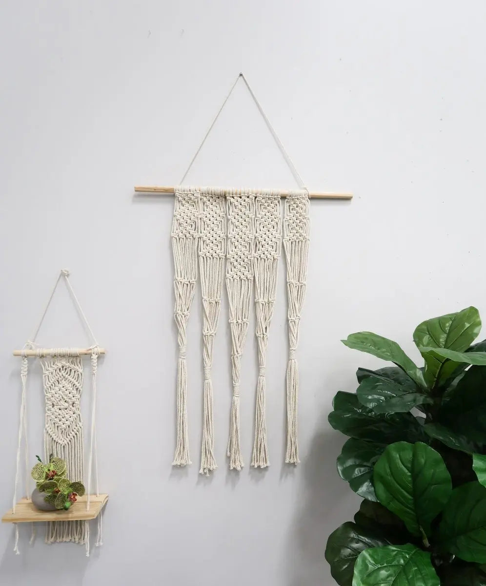 22” Handmade Neutral Wood Macrame Hanging Shelf with Diamond Weave - Wall Mount, Home Decor Aesthetic, Unique Wall Decor, Decorative Hanging Piece, Boho Macrame Look, Plant Display Room Ornament