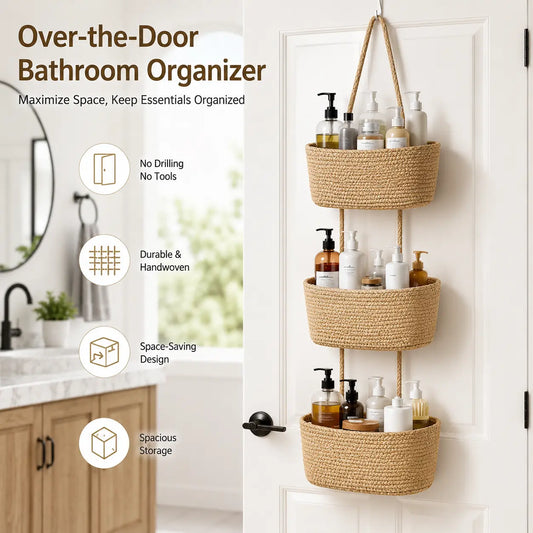【Free Shipping (14in)】Woven Cotton 3-Tier Over-the-Door Basket, Wall-Mounted Jute Storage Organizer for Bathroom Decor, French Country Style for Busy Parents to Store Diapers, Toys, Laundry Items, with Gift Hook for Home Storage Organization