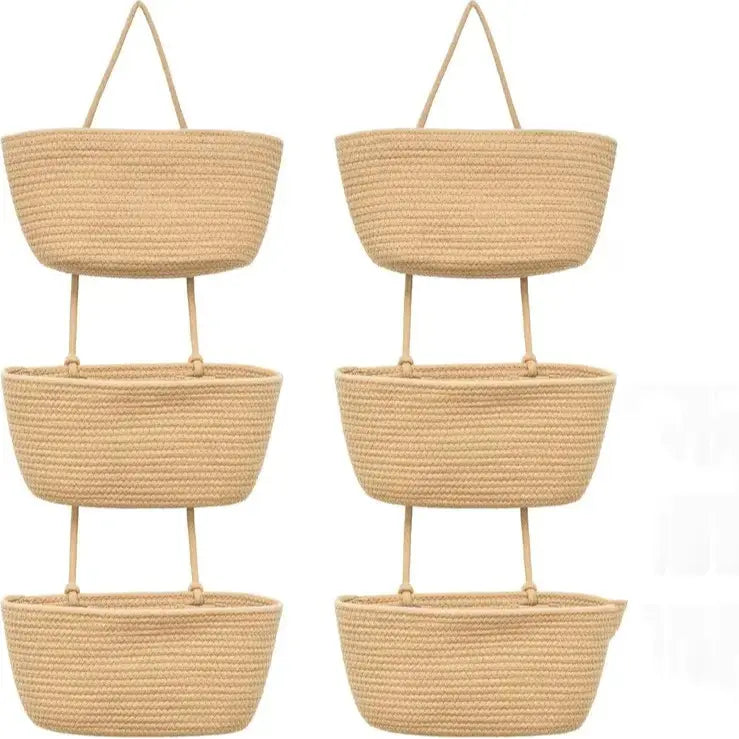 1/2-Pack Adjustable 3-Tier Woven Cotton Wall Hanging Baskets with 4 Hooks - Over-the-Door Jute Home Supplies Storage Organizer for Nursery, Bathroom, Entryway Decor, Baby Showers