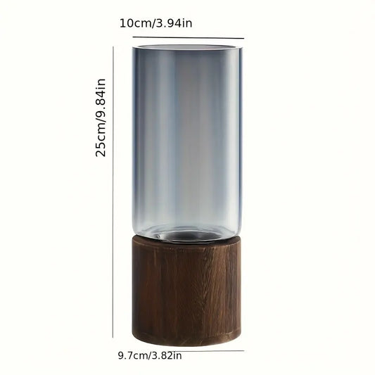 Elegant Glass Vase with Wooden Base, Decorative Vase, Flower Arrangement Vase, Vases for Flowers, Perfect Living Room and Dining Table Decoration, Home Decoration, Ideal Gift for Friends and Family