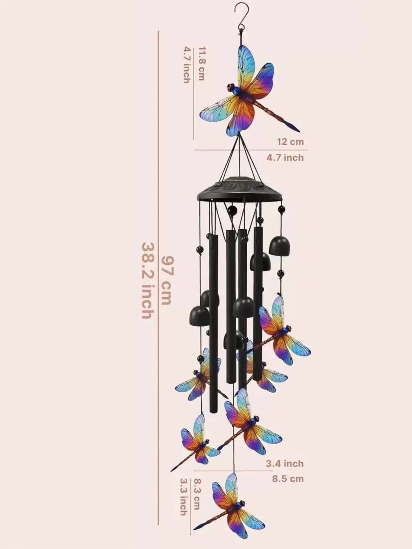 36-Inch Outdoor Hummingbird Wind Chime, Metal, Garden Pavilion Decoration, Durable, Gift for Men Women, with Greeting Card