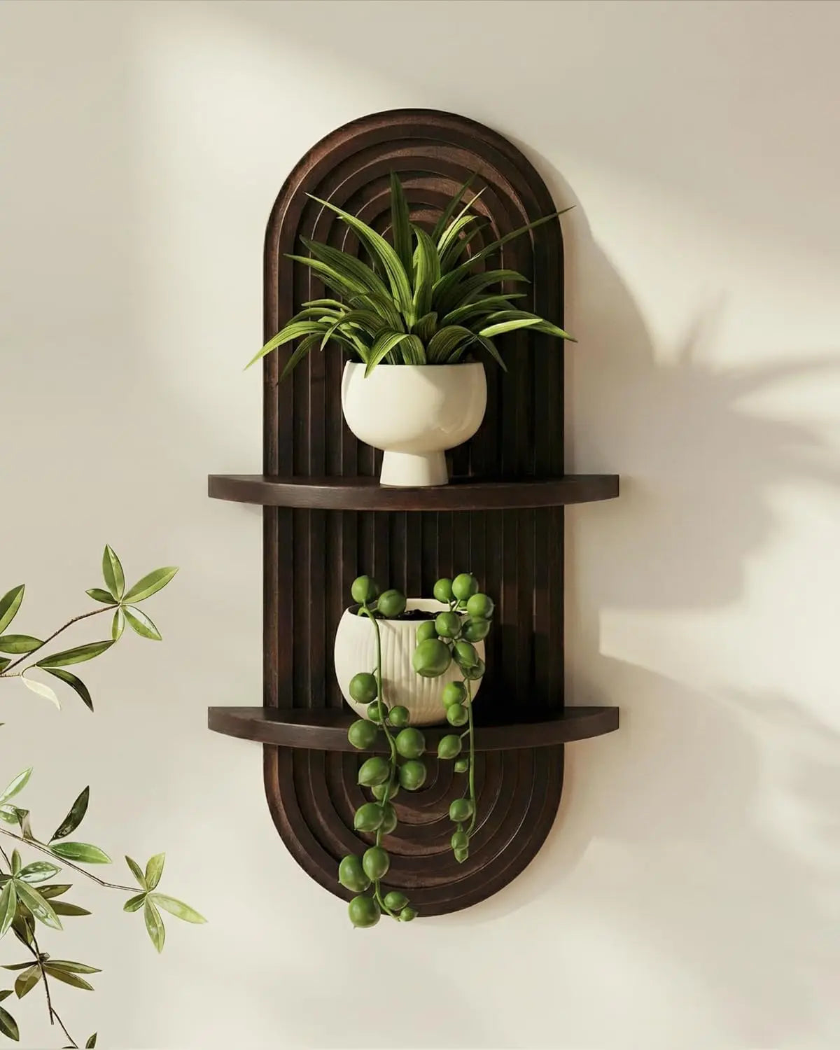 Bamworld Wooden Floating Shelves - Boho Mid Century Modern Home Decor, 2-Tier & 1-Tier Hanging Plant Shelves for Living Room, Bathroom Accessories, Aesthetic Unique Room Decor (Walnut, Natural)
