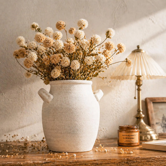 Ivydale Terracotta Ceramic Flower Vase - Flat, Double Handles, Farmhouse Vintage Pottery, Decorative Minimalist Vase for Flowers, Floral Home Decor, Living Room Decor, 7.2in, 7.7in, 9.3in