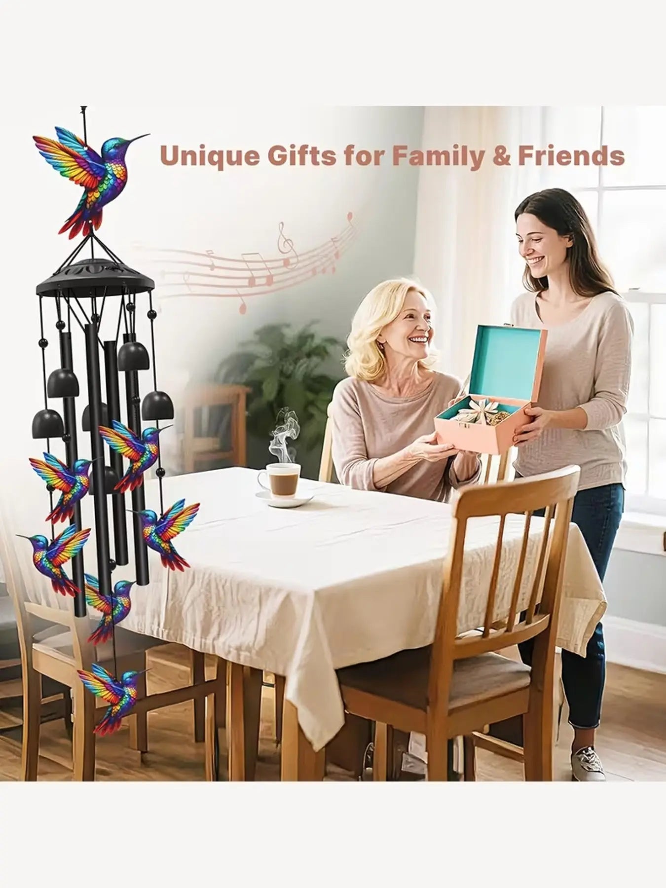 36-Inch Outdoor Hummingbird Wind Chime, Metal, Garden Pavilion Decoration, Durable, Gift for Men Women, with Greeting Card