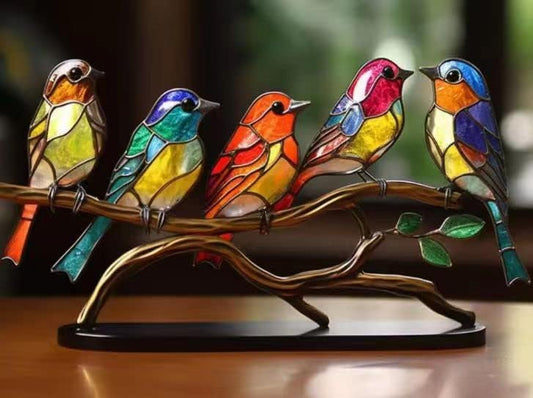2023 New Stained Metal Birds On Branch Desktop Ornaments, Metal Flat Double Sided Colorful Birds Tabletop Decorations, Multicolor Hummingbird Craft Statue Bird Figurines Sculpture for Home Decor.