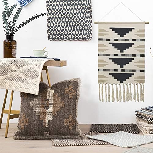 Macrame Woven Wall Tapestry Hanging Art, 20"x34" Extra Large Boho Chic Bohemian Morocco Black White Pyramid Geometric Tapestries Decor for Apartment Dorm Kids Living Bedroom Door Entrance Decoration