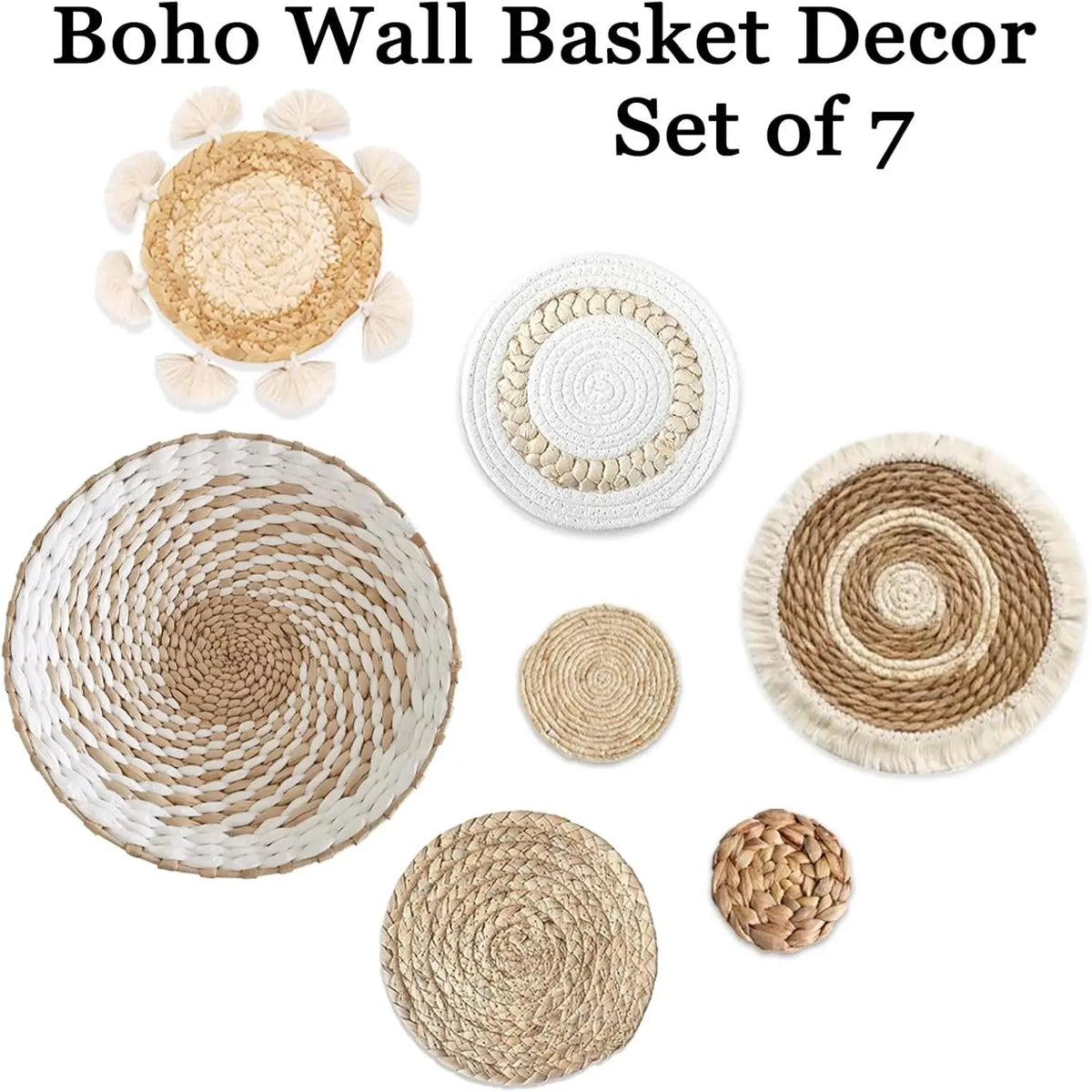 7 Pack Boho Seagrass Rattan Wicker Circular Wall Baskets - Handcrafted Grass Hanging Planters & Baskets, Decorative Wall Art with Handmade Details Uniquely Yours for Farmhouse Living Rooms, Home Decoration Gift Ornaments