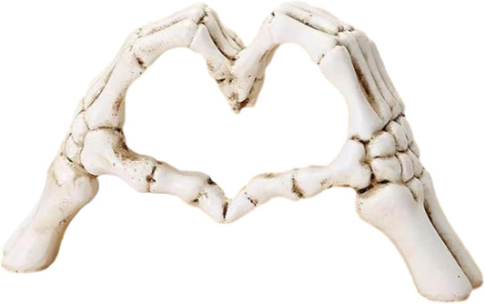 White Halloween Heart Hands Sculpture, Resin Abstract Skeleton Statue Love Ornaments, Heart Shape Finger Gesture Figurines for Shelf Home Desktop Decoration