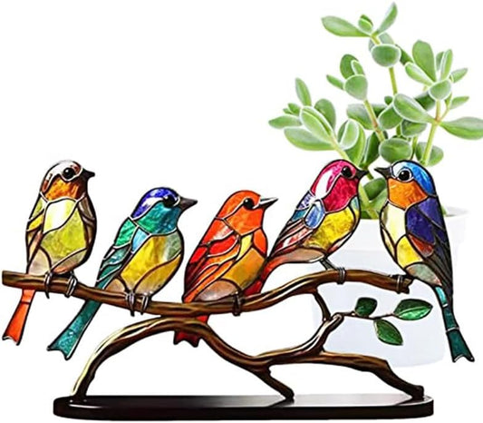 Stained Metal Birds On Branch Desktop Ornaments,Sided Colorful Birds Tabletop Decorations for Office,Window, Aviary,Garden,Multicolor Hummingbird Craft Statue Bird Figurines Sculpture for Home Decor