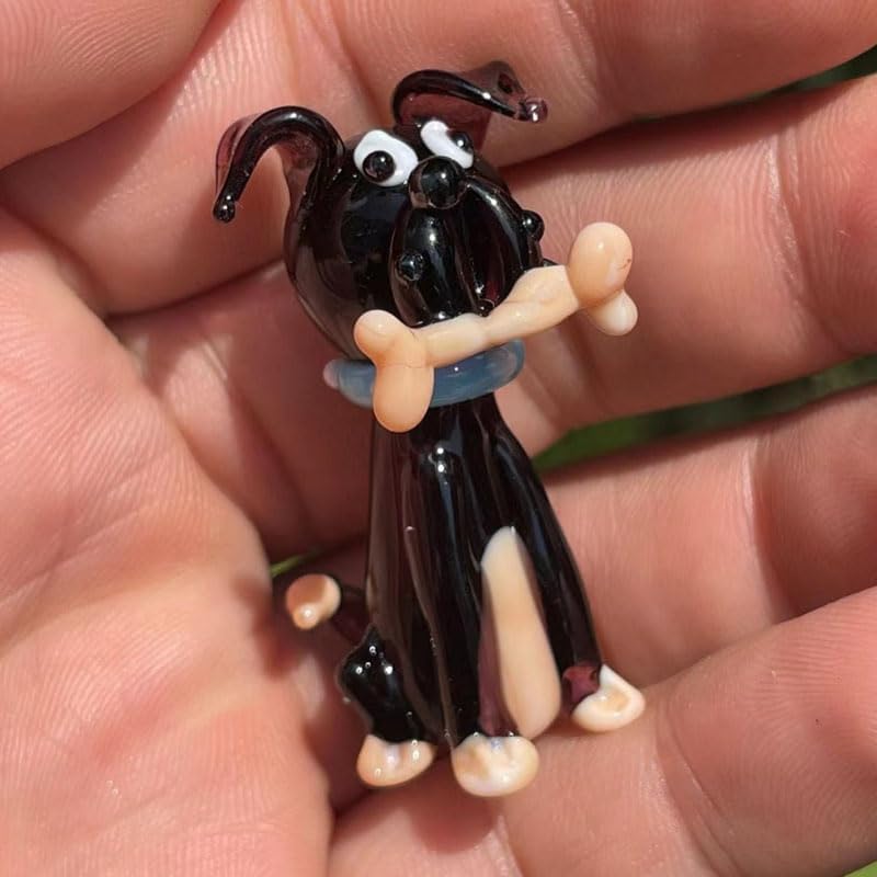 2PC Handcrafted Glass Dog Figurines with Bone - 3D Desktop Ornaments, Cute Animal Decor for Home, Office, Indoor Display
