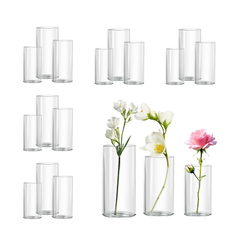 Glass Cylinder Vase Set of 18 for Centerpieces, 4,4.7,6 inch Tall Clear Vase Floating Candle Holder for Wedding Table Home Décor and Party