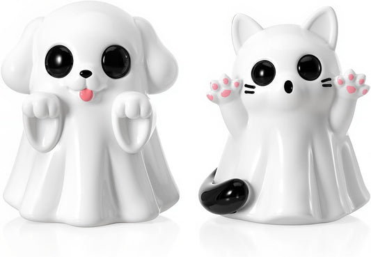2Pcs Halloween Dog Cat Ghost Resin Figurines Decor