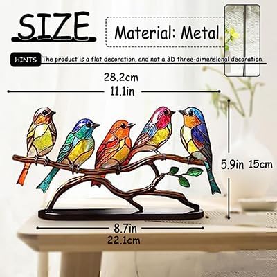 Stained Metal Birds On Branch Desktop Ornaments,Sided Colorful Birds Tabletop Decorations for Office,Window, Aviary,Garden,Multicolor Hummingbird Craft Statue Bird Figurines Sculpture for Home Decor