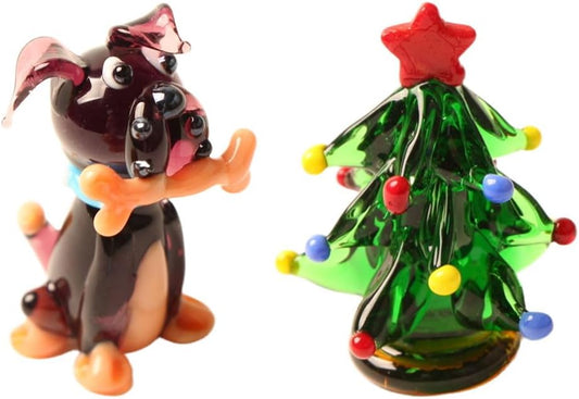 2PC Handcrafted Glass Dog Figurines with Bone - 3D Desktop Ornaments, Cute Animal Decor for Home, Office, Indoor Display