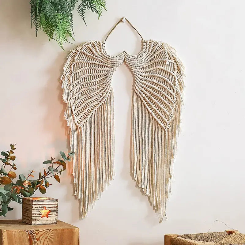 Macrame Wall Hanging - Handcrafted Bohemian Angel Wings Woven Cotton Rope Tapestry with Fringe, Aesthetic Whimsical Room Decor for Camping & Hiking Hammock Spaces, Boho House Decoration