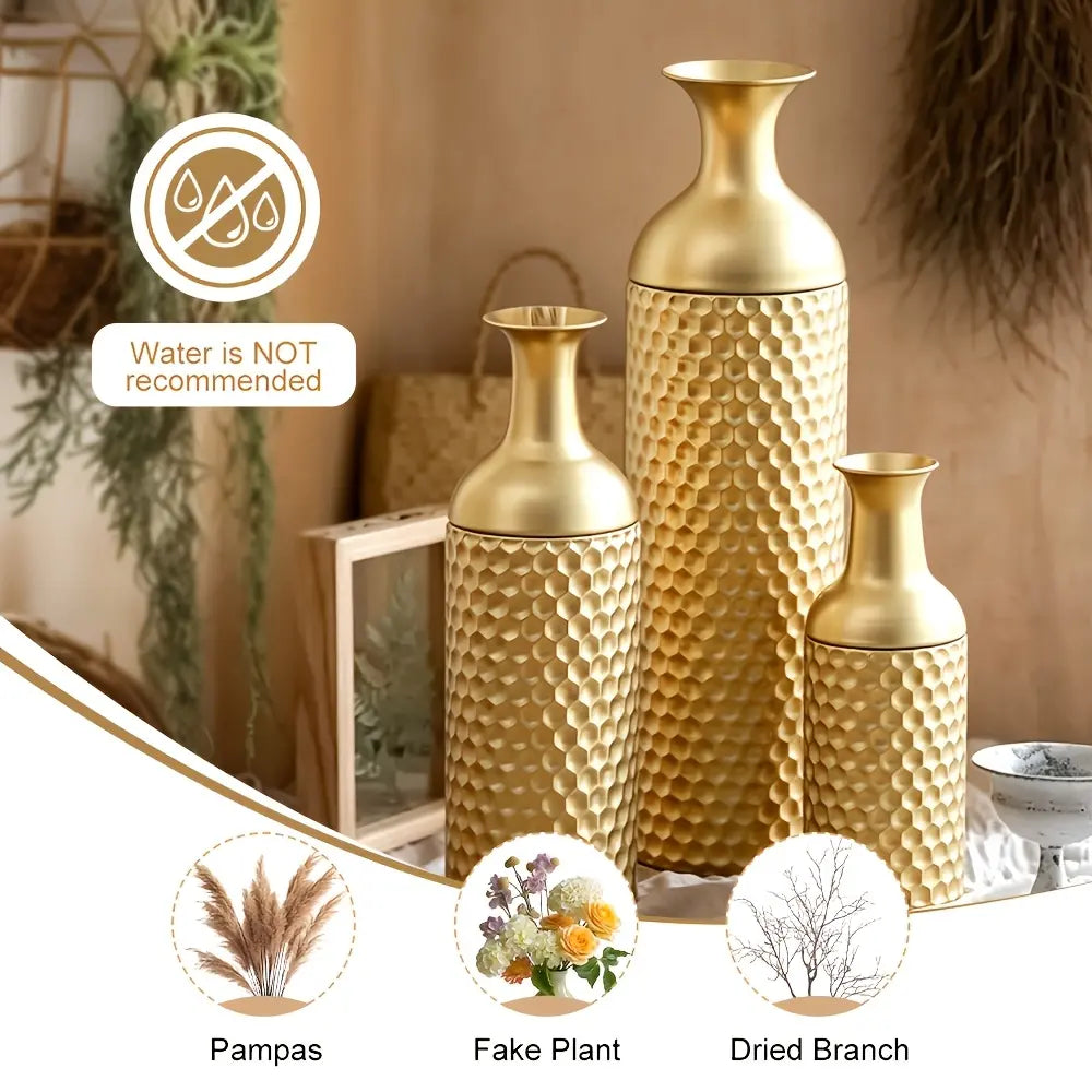 3pcs Metal Tall Floor Vase, Large Golden Vase Decorative Tall Stand Vases, Modern Honeycomb Texture Big Standing Vases for Dried Flower Embossed Body Pattern, 27.6" H/22.8" H/17.4" H Geometric Cylinder