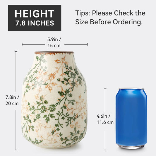 7.8 in Vintage Pastoral Green & Beige Ceramic Vase - Rustic Chic Chinoiserie Floral Decor for Living Room Decor, Table Centerpiece, Plants (No Flowers, Faux)