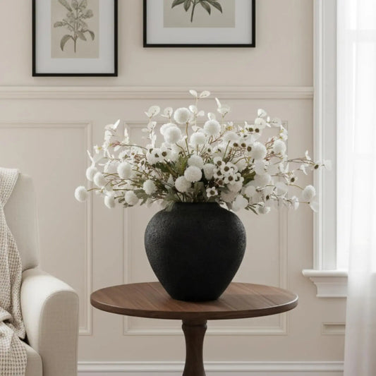 Black/White Large Round Vase Pottery Look for Home Decor, Arina Black Rustic Iron Vase Modern Farmhouse, Console Table Decor, Earthy Textured Metal Big Black Round Vases for Centerpieces, Jarrones Grandes