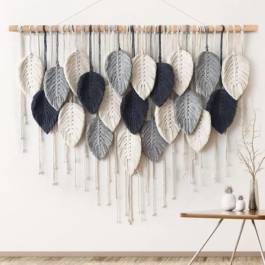 39in x 29.5in Large Size Macrame Leaf Woven Tapestry - Bohemian Chic Decorative Hanging Sculpture, Handmade Indoor Recreation Wall Art Ornament for Bedroom, Living Room
