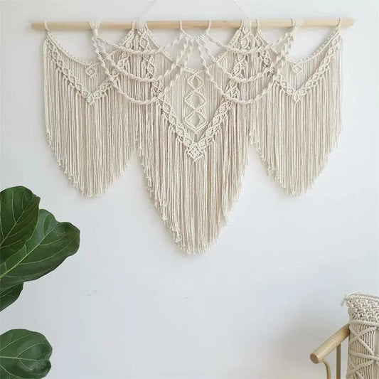 Handmade Woven Macrame Wall Hanging with Wooden Stick, Large Boho Tassel Curtain, Wedding Backdrop Decor