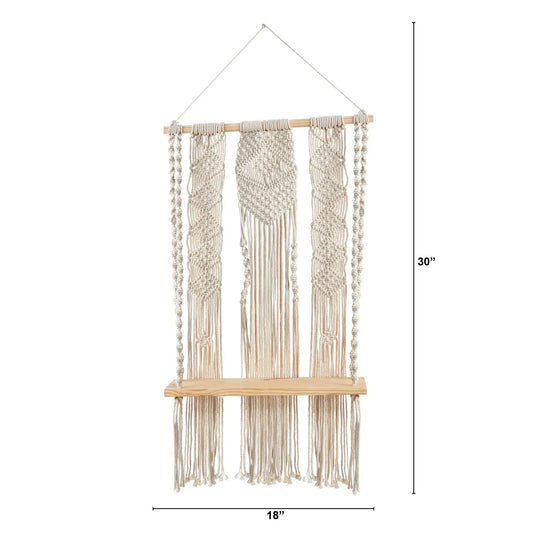 Finished Woven Handmade Ceramic & Wood Macrame Wall Hanging with Floating Shelf - 2.5'x1.5' Wall Tapestry, Aesthetic Room Decor, Above-Bed Accent, Small Item Storage, Home Supplies (Includes Storage Hook)