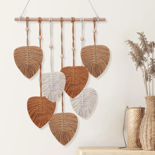 Hangable Macrame Wall Art, Boho Decorative Leaves Tapestry with Handmade Yarn Tassels and Feathers, Indoor Recreation Bedroom Wall Hanging Decor, 16x22in