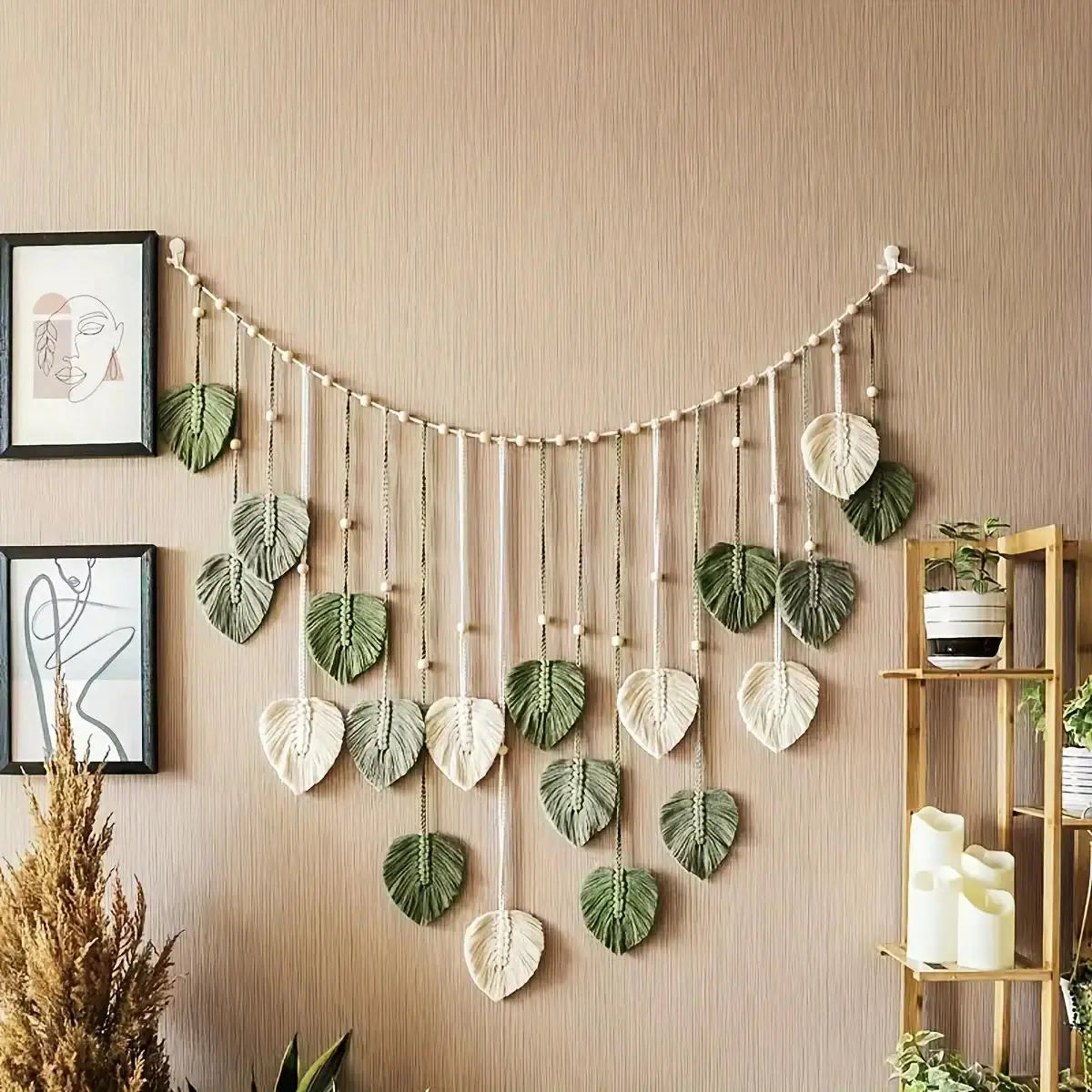 1pc Mountable Bohemian-Style Woven Wall Hanging - Modern High-Contrast Acrylic Tapestry with Interwoven Green, White, Beige Leaf-and-Feather Motifs, Textured Home Decor, Room Decor, Mother's Day Gift, Modern Wall Art