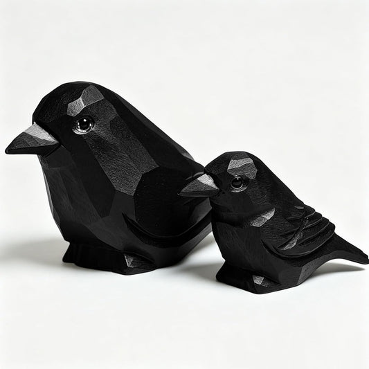 Hand-Carved Wood Raven Black Bird Crow Figurine Set (Pack of 2)