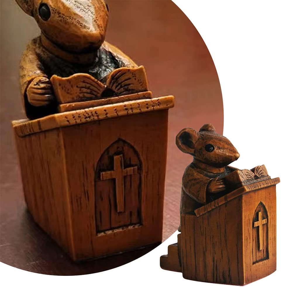 Yuhoo Church Mouse Statue, Wooden Church Mouse in The Pulpit Collectible Figurine for Home and Office Desktop Decor, Mouse Ornament On The Pulpit Sculpture for Home Outdoor Garden Decor