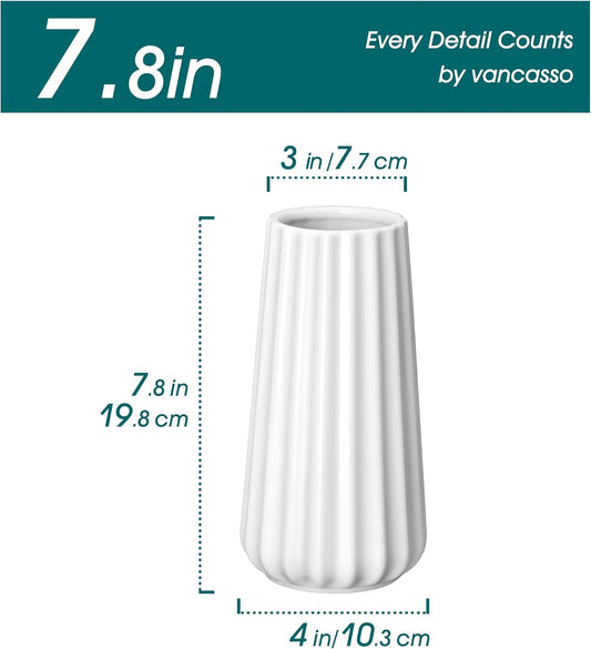 vancasso Ceramic Vase, 7.8 Inch Modern Ribbed Glossy Decorative Vase, Flower vase for Home Decor, Living Room, Bedroom, Office Decor, White