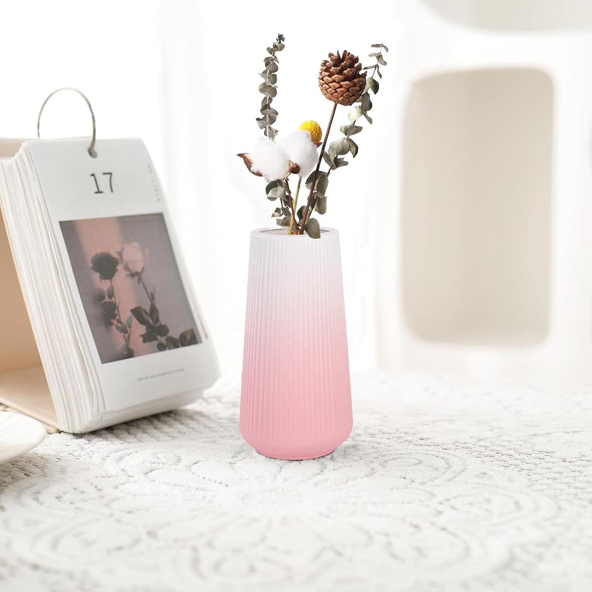 Gradient Pink Ceramic Vase, GUKJOB Small Cute Flower Vase for Pampas Grass, Home, Living Room, Dining Table, Farmhouse, Office Decor, Bedroom, Table, and Kitchen Shelf (Gradient Pink)