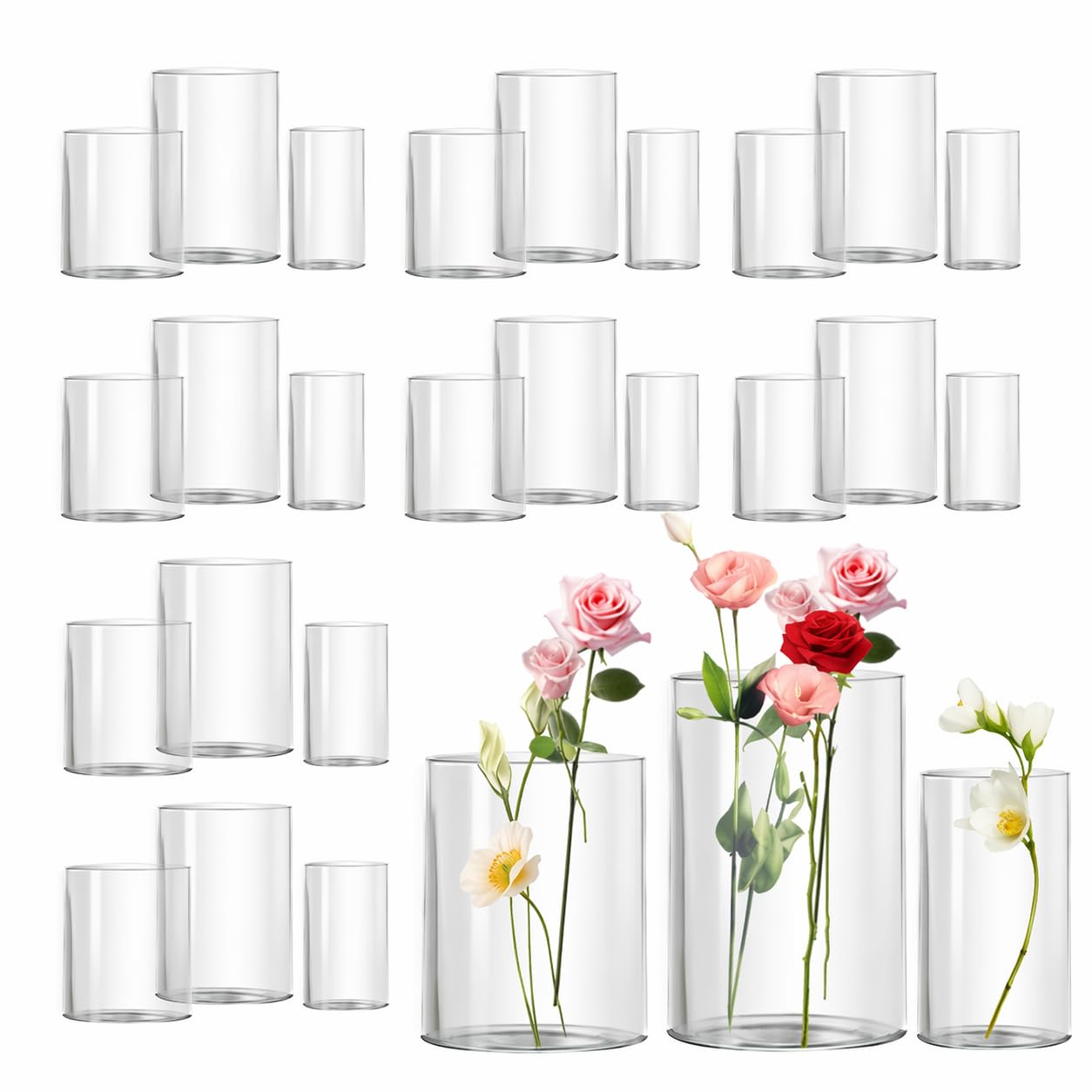 Glass Cylinder Vase Set of 18 for Centerpieces, 4,4.7,6 inch Tall Clear Vase Floating Candle Holder for Wedding Table Home Décor and Party