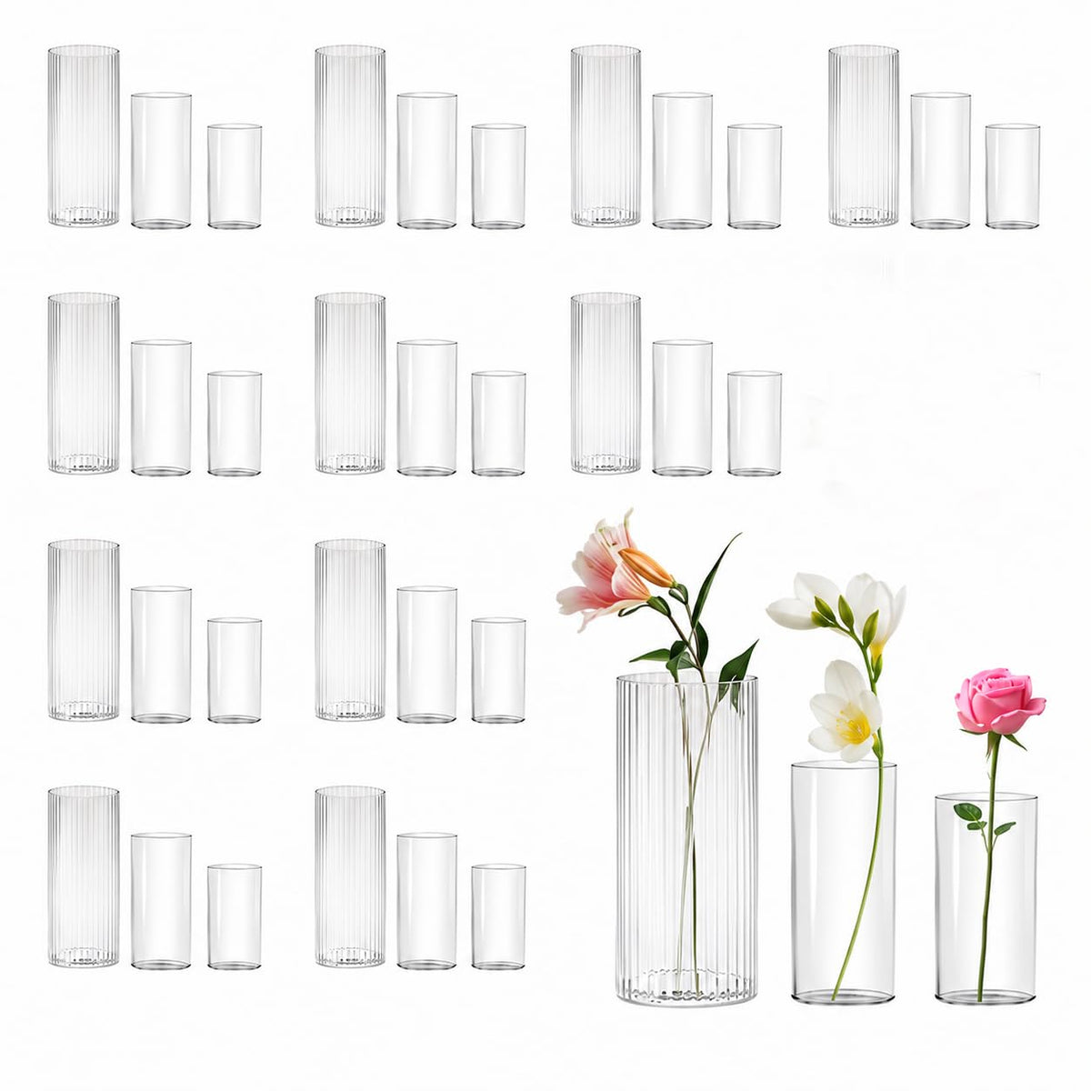 Glass Cylinder Vase Set of 18 for Centerpieces, 4,4.7,6 inch Tall Clear Vase Floating Candle Holder for Wedding Table Home Décor and Party