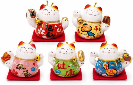 Lucky Cat Chinese Ceramic Figurines, Set of 5 Mini Fortune Cats, Desktop Ornaments for Home Decor