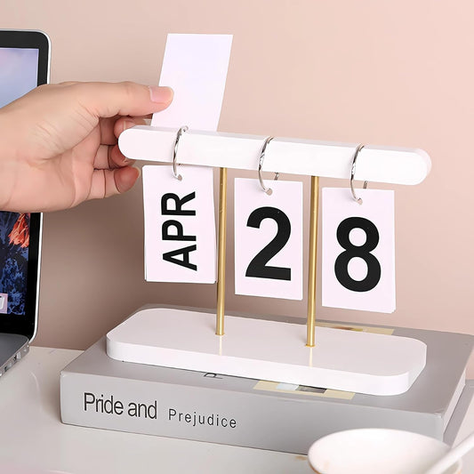 Perpetual Flip Desk Calendar, Reusable Desktop Decor, White