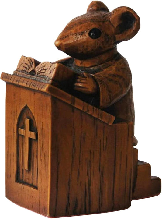 Yuhoo Church Mouse Statue, Wooden Church Mouse in The Pulpit Collectible Figurine for Home and Office Desktop Decor, Mouse Ornament On The Pulpit Sculpture for Home Outdoor Garden Decor