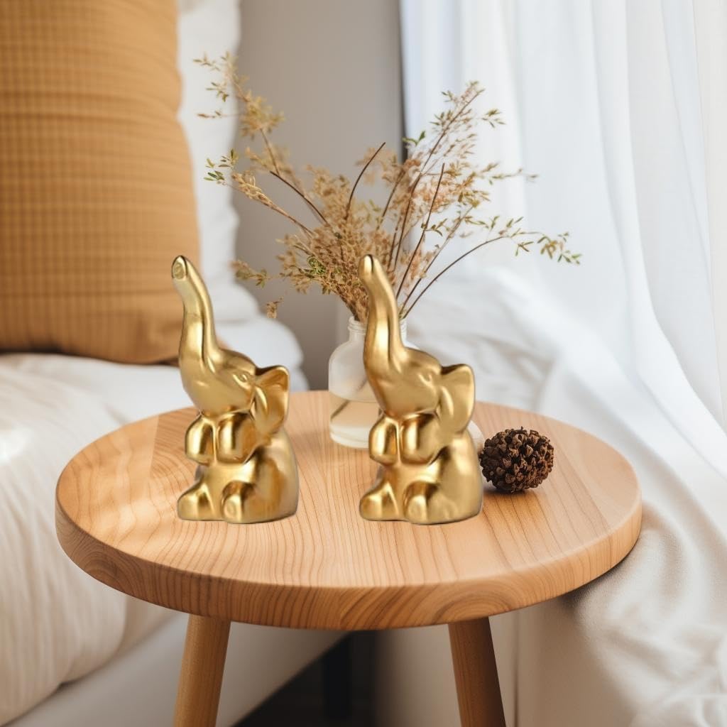 Elephant Statue Home Decor,Modern Style Figurines,Sculpture for Living Room Office Desktop Bookshelf,Ceramics Gold Elephant Ornaments for Mothers Day.Father's Day, Christmas-2PCS