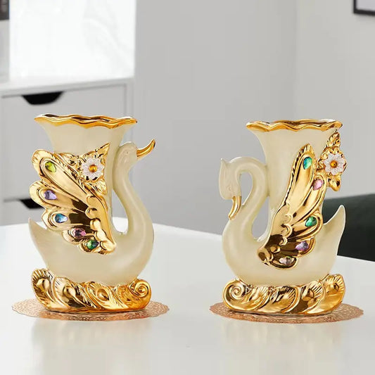 2-Pcs Modern Ceramic Swan Vase Set, Decorative Flower Vase for Living Room, Home Decor for Christmas, Ideal for Fake Plants, Flowers, Rose Petals Arrangement (Plants Not Included), Vase Only (Plants Not Included), Flower Vases For Bouquet, Artificial Rose