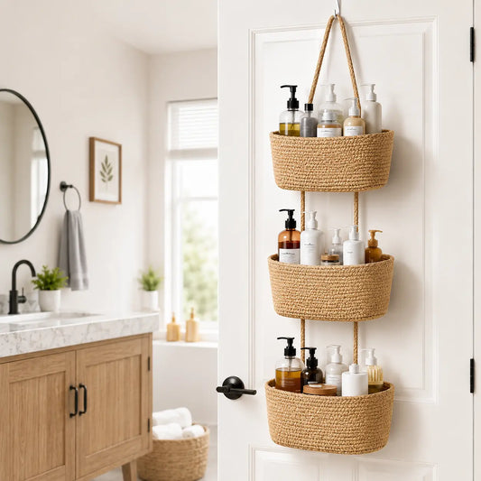 【Free Shipping (14in)】Woven Cotton 3-Tier Over-the-Door Basket, Wall-Mounted Jute Storage Organizer for Bathroom Decor, French Country Style for Busy Parents to Store Diapers, Toys, Laundry Items, with Gift Hook for Home Storage Organization