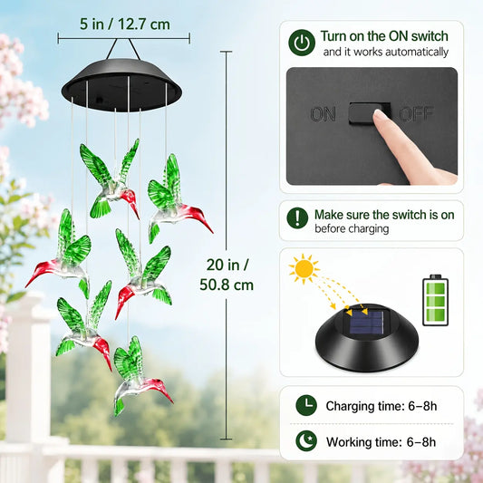 Solar Wind Chimes - 1/2 Pack Color-Changing Hummingbird/Butterfly Design, 20in Colorful Lights Outdoor Garden Accessory, 6-8H Direct Sunlight Charge, Thoughtful Gift for Valentines Day, Birthday, Women’s Entryway Patio Decor, Mother’s Day
