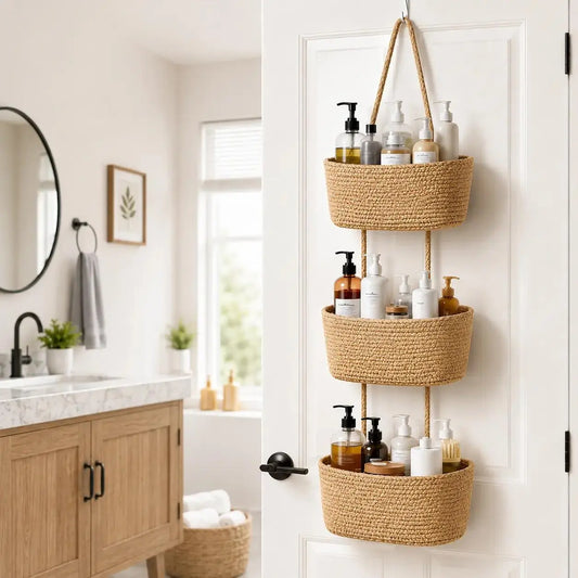 1/2-Pack Adjustable 3-Tier Woven Cotton Wall Hanging Baskets with 4 Hooks - Over-the-Door Jute Home Supplies Storage Organizer for Nursery, Bathroom, Entryway Decor, Baby Showers