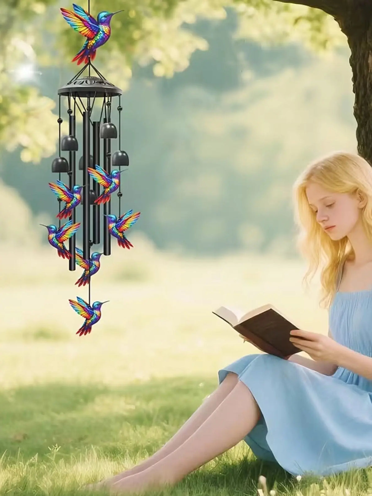 36-Inch Outdoor Hummingbird Wind Chime, Metal, Garden Pavilion Decoration, Durable, Gift for Men Women, with Greeting Card