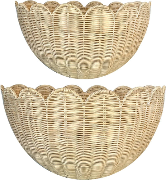 Scalloped Wall Basket, 2pcs Hand Woven Hanging Wicker Set
